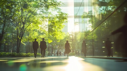 Business people walking along building with nature and sunlight