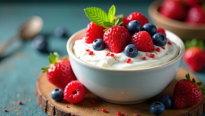 Creamy homemade yogurt topped with fresh berries, healthy eating, delicious, white