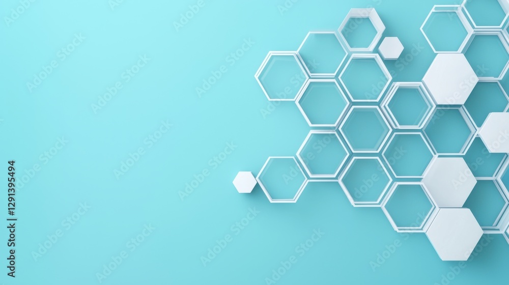 Poster modern abstract honeycomb structure on a light blue background with geometric shapes and clean lines