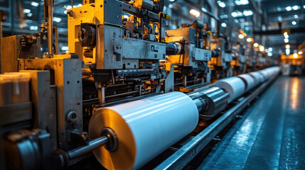 Fototapeta premium Automated industrial printing press producing high-quality materials, massive paper rolls feeding into precise machinery