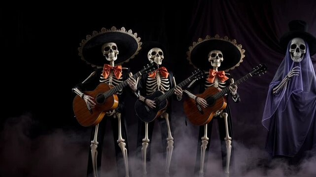 A group of skeletal mariachi musicians dressed in traditional charro outfits with sombreros perform in a misty outdoor setting, surrounded by glowing candles, evoking a D a de los Muertos atmosphere.