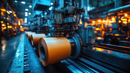 Naklejka premium Automated industrial printing press producing high-quality materials, massive paper rolls feeding into precise machinery