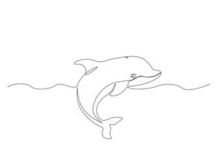 Continuous one line drawing of dolphin fish in the sea. Bottlenose dolphin in single line draw illustration. Editable stroke.