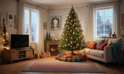 Evergreen Christmas tree decorated with colorful ornaments and lights in a cozy living room, festive interior, holiday ambiance, twinkling lights