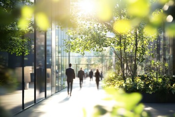 Business people walk near a modern office building with greenery