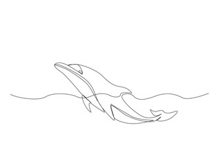 Continuous one line drawing of dolphin fish in the sea. Bottlenose dolphin in single line draw illustration. Editable stroke.
