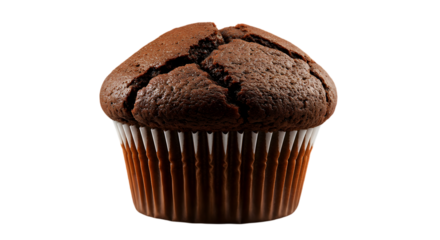 Moist chocolate muffin with a cracked top, placed against a dark background.