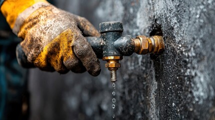 Close-Up of Worker's Hand with Yellow Glove Operating Water Tap, Water Dripping from Faucet on Rough Wall Surface