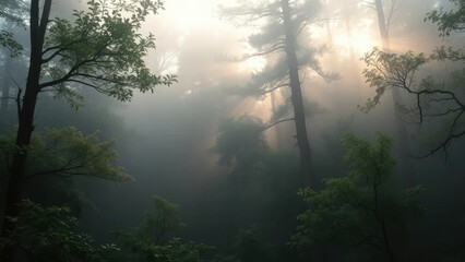 Fototapeta premium A misty forest scene with sunlight peeking through foliage, atmospheric conditions, forest