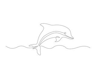 Continuous one line drawing of dolphin fish in the sea. Bottlenose dolphin in single line draw illustration. Editable stroke. © Satria