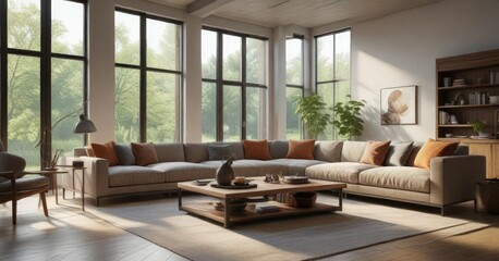 Family room with comfortable furniture and large windows, warmth, windows, cozy