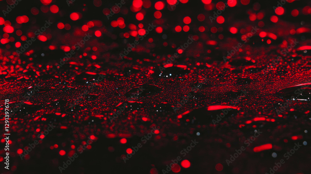 Poster Vibrant red light reflections on water droplets creating a dazzling abstract background