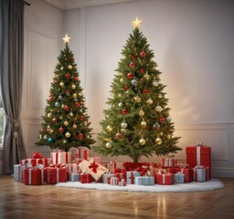 Festive holiday background with Christmas tree and presents, winter, background