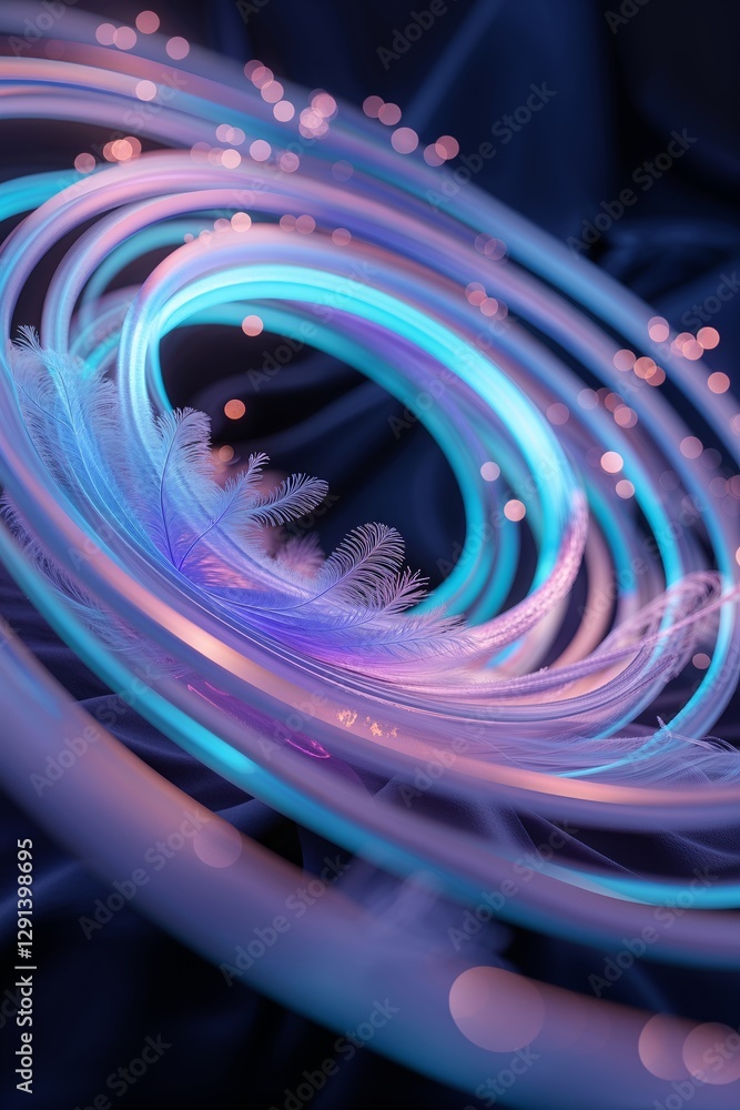 Aufkleber intricate neon spirals intertwine with soft feathers during an artistic display at a nighttime event
