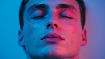 A close-up of a young man's serene face, illuminated with blue and pink lighting, reflecting a calm and introspective mood.