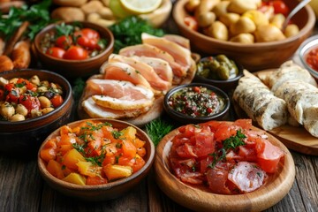Delicious appetizers presenting cured meats, sauces, salads, and bread on wooden table