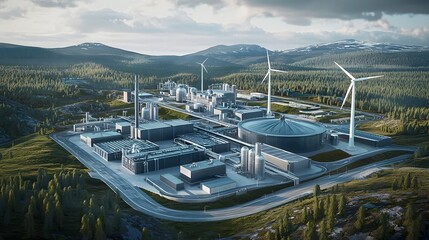 A high tech hydrogen power plant surrounded by wind turbines and a picturesque natural landscape showcasing a sustainable and eco friendly energy system