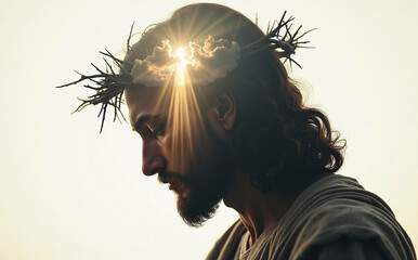 Fototapeta premium double exposure of Jesus in profile wearing a crown of thorns and sunlight breaking through the cloud