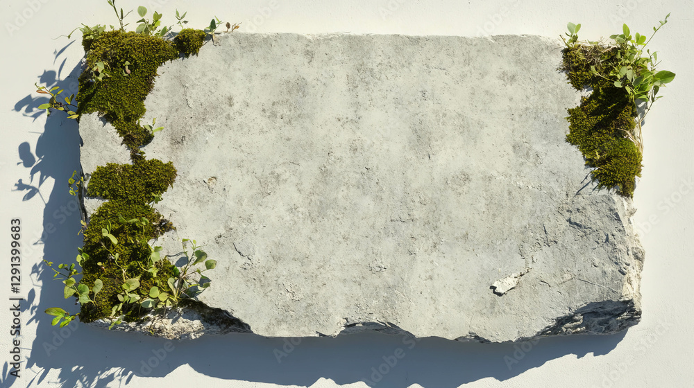 Poster rustic concrete slab with moss and green foliage for natural design background