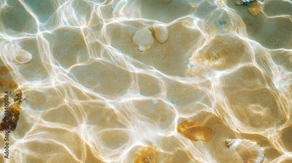 Poster natural beach sand and seashell texture with sunlit water patterns for coastal design