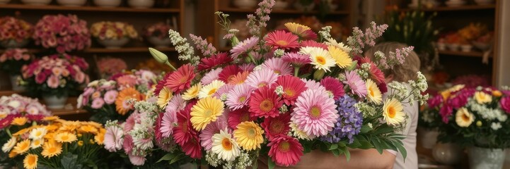 Florist arranging vibrant bouquet of fresh flowers at local flower shop, beautiful, colorful, display