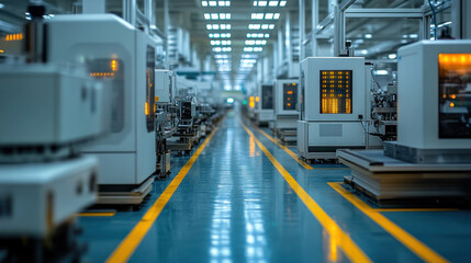 Naklejka premium High-tech electronics manufacturing facility with cleanroom environments, robotic assembly lines, and laser precision machines