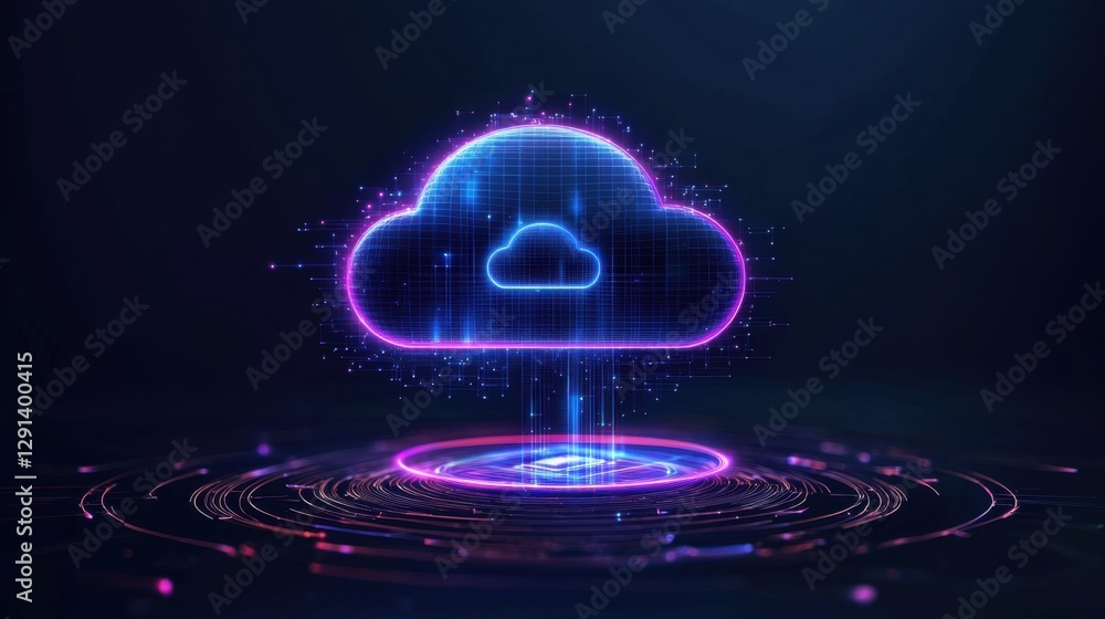 Poster futuristic digital cloud with neon glow and data streaming effect in dark background for technology 