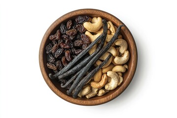 A wooden bowl of mixed nuts and dried fruits