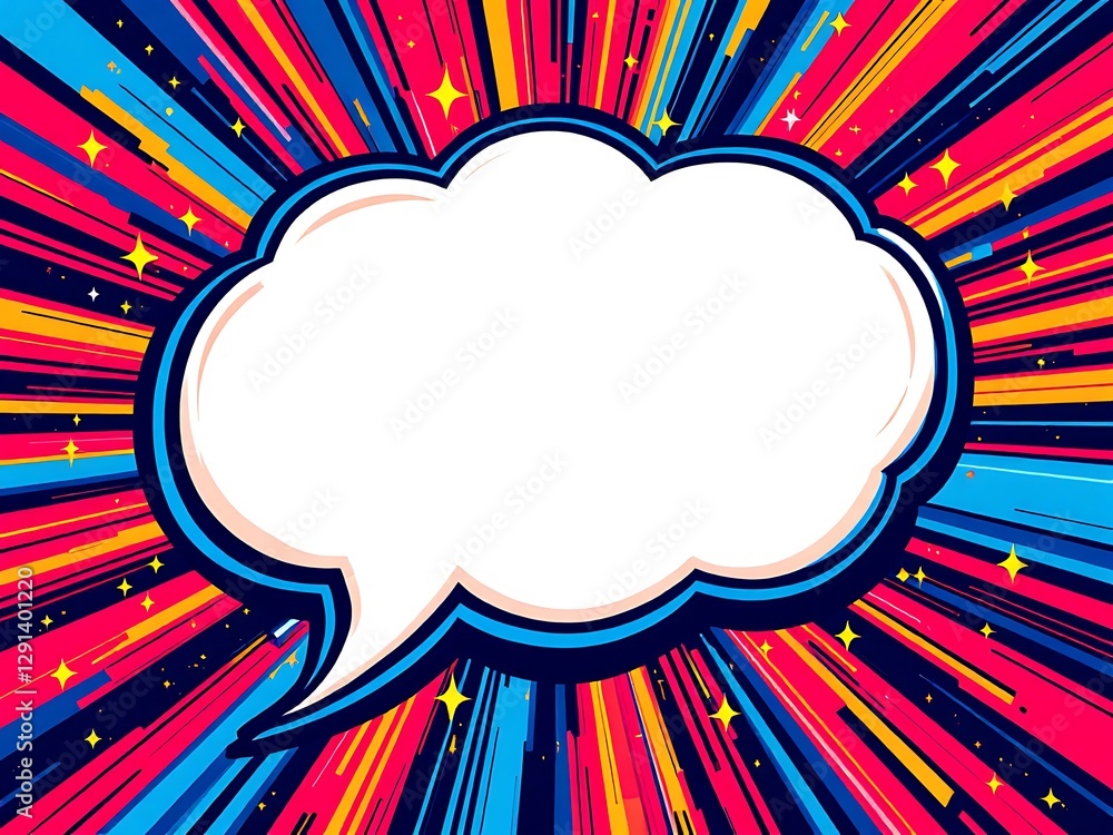 Poster comic explosion speech bubble with rays and stars background for text addition in a frame
