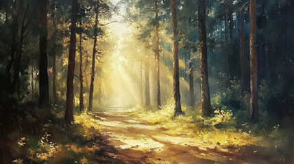 Fototapeta premium A painting of a forest path with sunlight shining through the trees. The mood of the painting is peaceful and serene