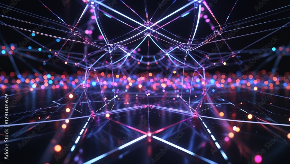 Poster colorful lights and intricate patterns create a stunning visual in a digital network landscape at ni