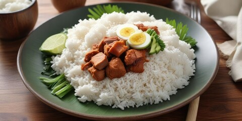 Fragrant nasi lemak served alongside a flavorful portion of coconut-infused rice, Southeast Asian food, aromatic rice dish, fragrant nasi lemak