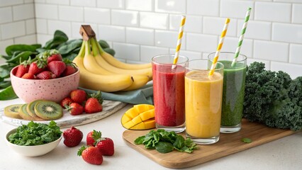 Bright and refreshing smoothie preparation with fresh ingredients on a kitchen countertop in the afternoon sun