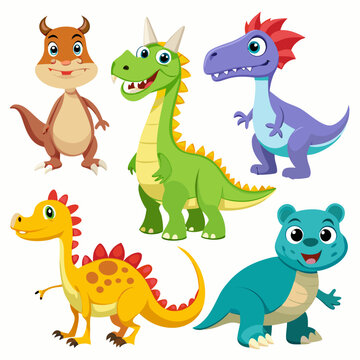 Set of cute happy dinosaurs, with the names of each, the inhabitants of the ancient world in a children's cartoon style isolated on transparent background