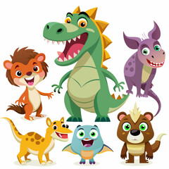 Set of cute happy dinosaurs, with the names of each, the inhabitants of the ancient world in a children's cartoon style isolated on transparent background