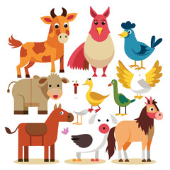 Vector collection of Farm Animals and Birds in Trendy Flat Style