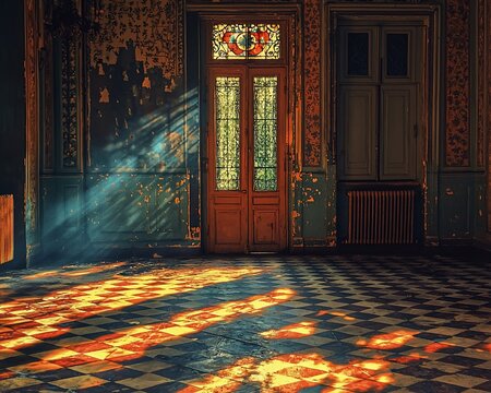 Sunbeams illuminate a decaying room's checkered floor and stained-glass door.