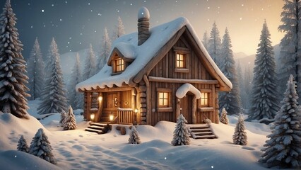 Fototapeta premium Winter cabin in the forest abstract art print illustration 