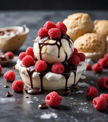 Fresh raspberries piled high on top of a scoop of ice cream, with a side of chocolate sauce for dipping, rich, dipper topping, raspberries