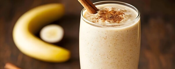 Creamy and nutritious banana and almond butter smoothie served in a tall glass garnished with a cinnamon stick for added flavor and aroma  A delicious and healthy beverage perfect for breakfast snack