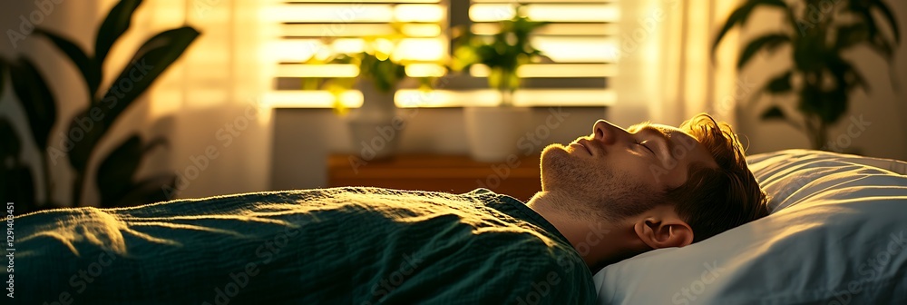 Poster a serene scene of a man resting on a bed, illuminated by soft sunlight filtering through window blin