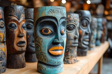 Colorful wooden tribal masks displayed on a shelf in a souvenir shop