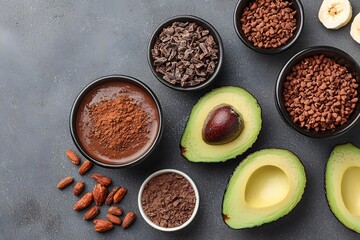 Decadent and creamy chocolate smoothie made with avocado  banana  and topped with cacao nibs for a nutritious and indulgent plant based treat on a gray background