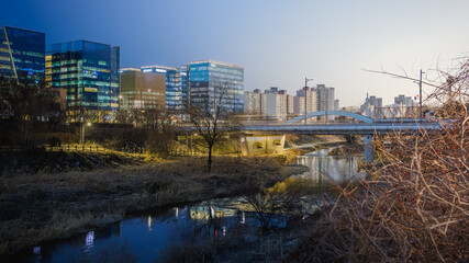 Transition from day to night on a cold winter day, Pangyo Techno Valley, South Korea