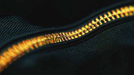 Close-up of a delicate zipper on dark fabric for textile design and fashion projects