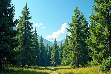 Dense pine forest with towering trees and a clear blue sky above, landscape, calm