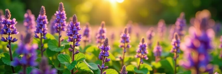 Fototapeta premium Dense purple Ajuga reptans flowers bloom in sunny summer field, Ajuga reptans, sunny, blooming