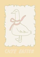 Cute spring hand drawn cottagecore card. Cute easter greeting postcard with goose. Countryside aesthetic poster in whimsical line art style. A4 vertical printable, vector background