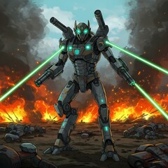 Fototapeta premium Advanced Robot Warrior Fighting in a Fiery Battlefiel