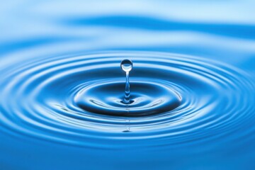 Water droplet captured in mid-air as it creates ripples on a calm blue surface, symbolizing purity, tranquility, and nature